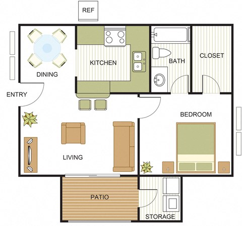 Floor plan for 1 bed, 1 bath, 606 sqft